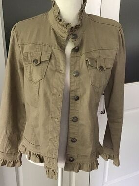Baccini Olive Green Ruffle-Trim Jean Jacket